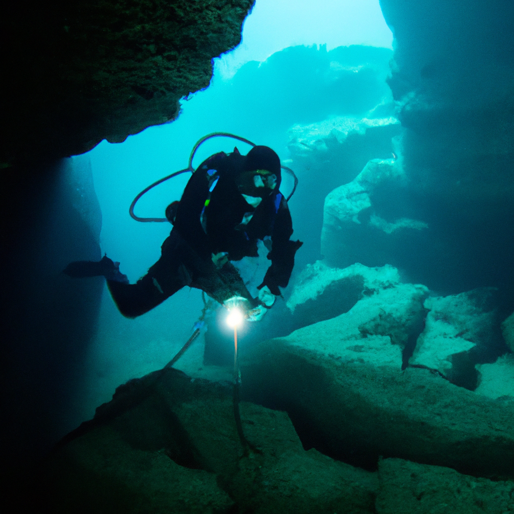 Immergiti in un'avventura mozzafiato: un subacqueo coraggioso esplora le profondità di una grotta sottomarina, illuminando i suoi segreti con la sua torcia. Immagine catturata durante un'immersione del corso AdvancedOpen Water Diver PADI a Monopoli, con Diving Puglia D.C.