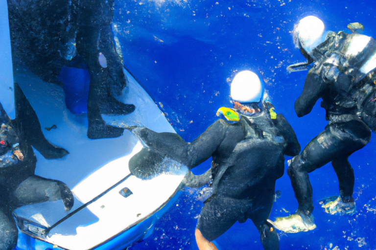 Un subacqueo esperto salva un altro subacqueo in difficoltà, tirandolo a bordo della barca.